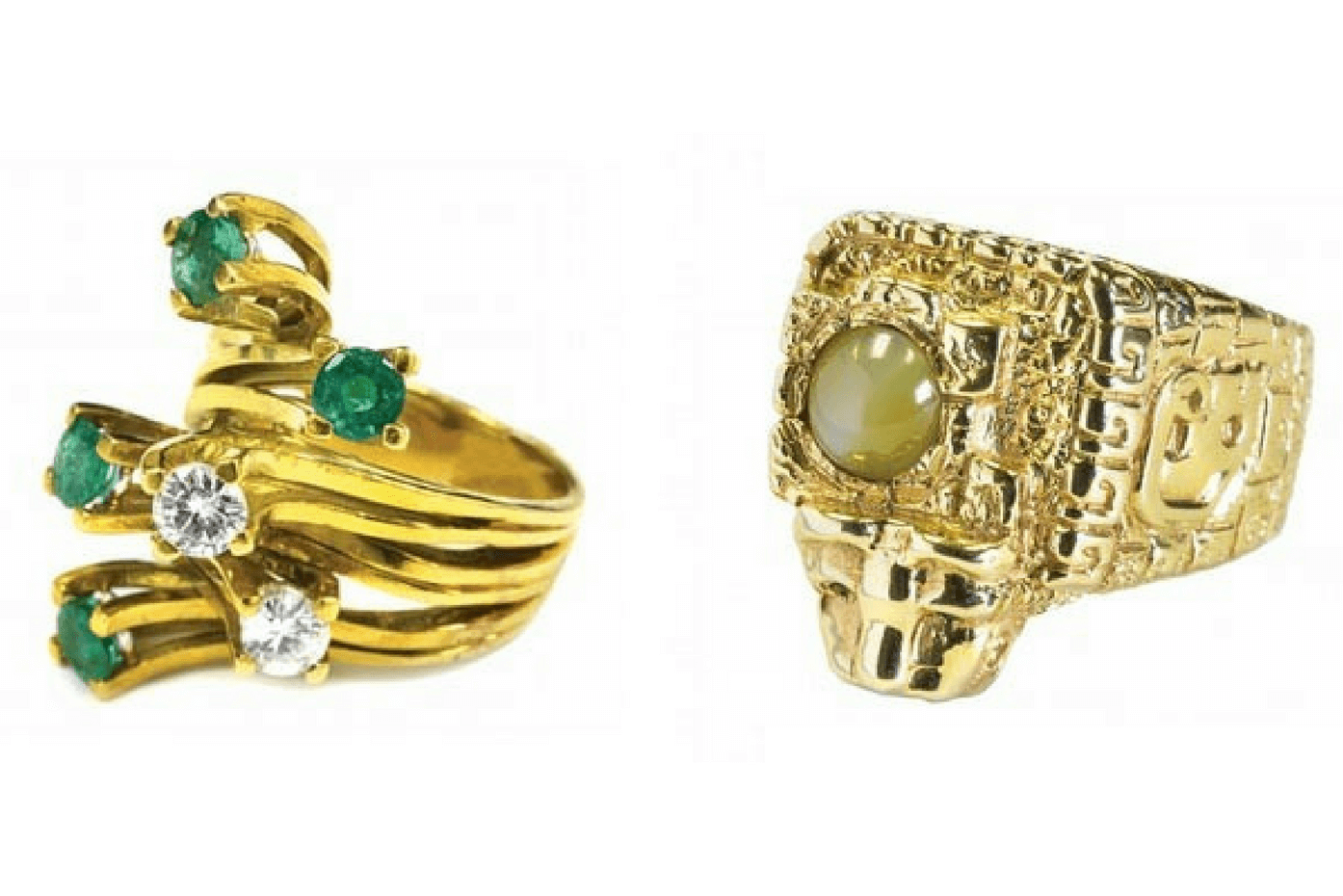 Left – Emerald and diamond ring given to Presley’s girlfriend Linda Thompson sold for $5,000. Right – Elvis Presley “Aztec” ring with jaguar head. Estimate $10,000 – $15,000. It sold for $13,000