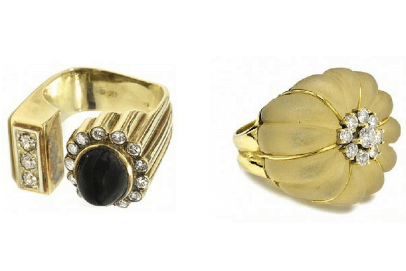 Left – 1969/70 Elvis Presley’s gold, diamond and black sapphire ring – The “Number 10″ ring. Estimate $10,000 – $15,000. It sold for $12,000. Right -Gold, diamond and rock crystal quartz ring given by Presley’s to his girlfriend Linda Thompson sold for $7,000.