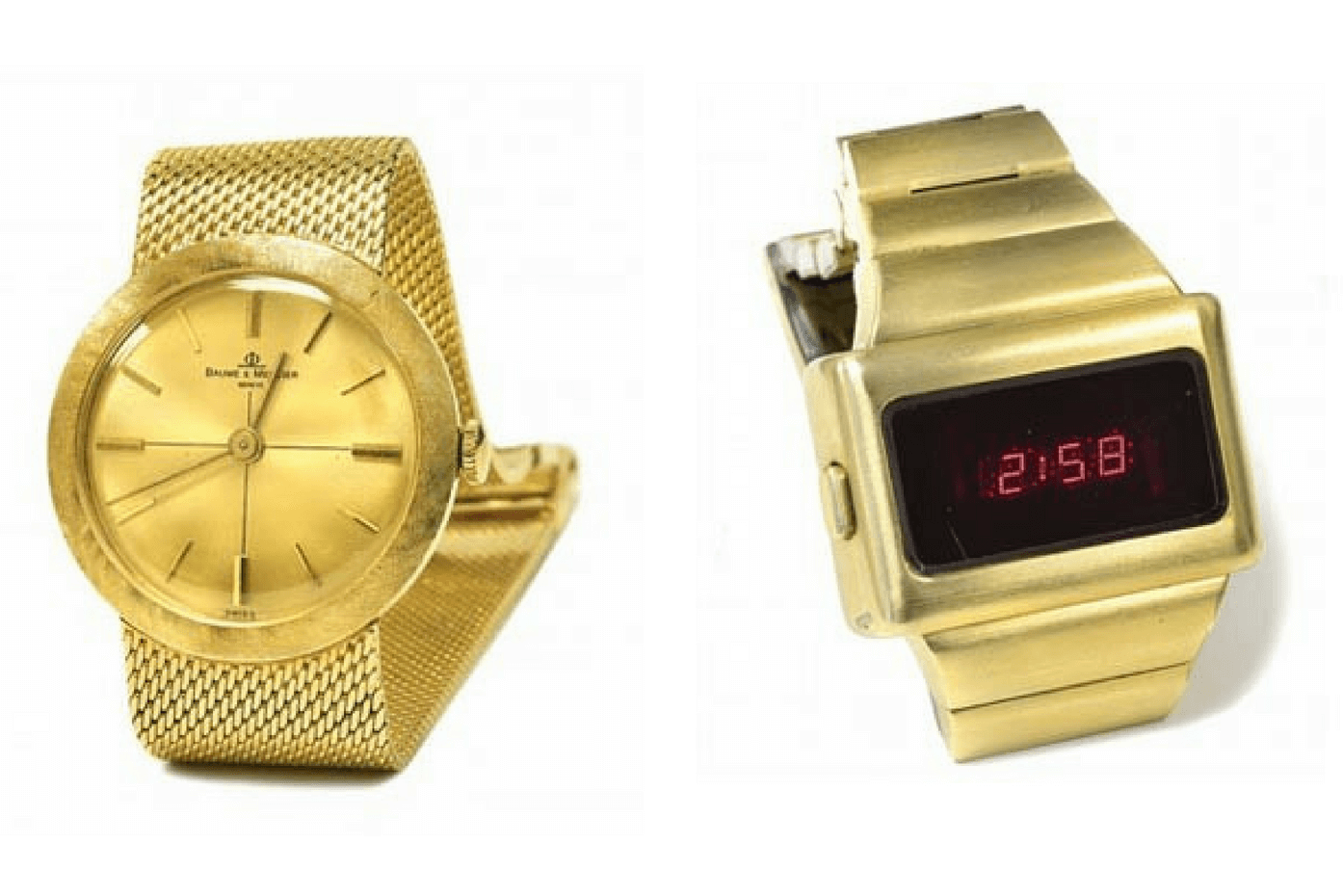 Left – Gold Baume & Mercier Watch gifted by Elvis Presley to Imperials member Armond Morales at the International Hotel, 1969. Estimate $10,000 – $15,000. Did not sell. Right-1973 Gold Omega TC1 digital watch with inscription gifted to Charlie Hodge from Elvis Presley. Estimate $4,000 – $6,000. It sold for $3,000.