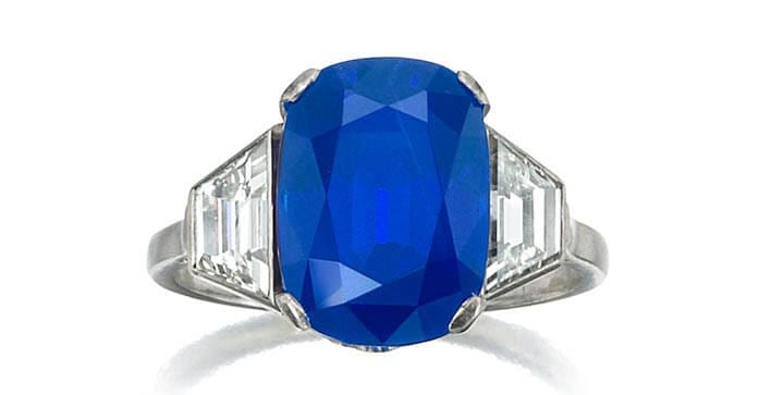 Kashmir sapphire, 8.07 carats, unsold, had an estimate of $400,000-$600,000. Photo courtesy of Bonhams.