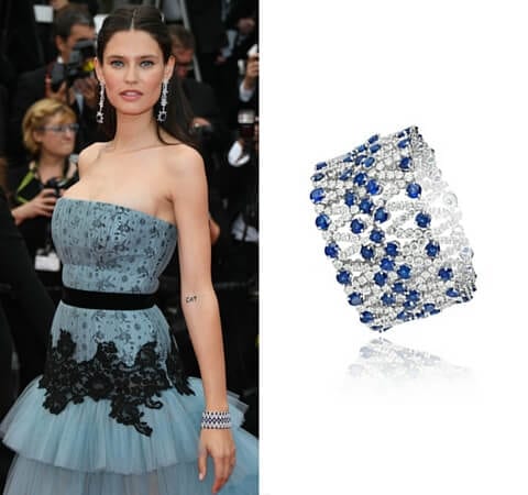Left: Bianca Balti in Chopard, May 11, 2016. Right: Chopard bracelet in 18k white gold set with sapphires and diamonds.