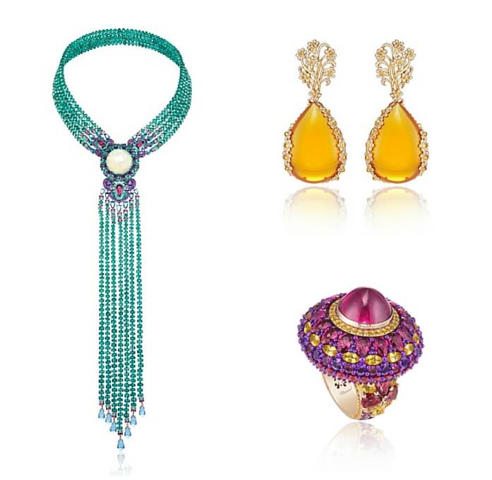Left: Chopard necklace in 18k white gold and titanium centered by a 29.8-carat white opal set with emerald, topaz, amethyst, ruby, Paraiba tourmaline, rubellite, and sapphire. Upper right: Chopard Earrings in 18k rose gold featuring two fire opals totaling 113.8 carats, Mandarin garnet cabochons (3.1cts), colored sapphire cabochons and brilliant-cut diamonds. Lower right: Chopard ring in 18k rose gold and titanium featuring a rubellite cabochon, rubellite, yellow sapphire and amethyst.
