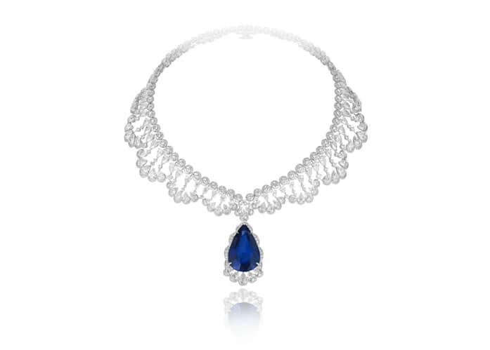Chopard necklace in 18k white gold featuring a 60-carat pear-shaped sapphire and diamonds.